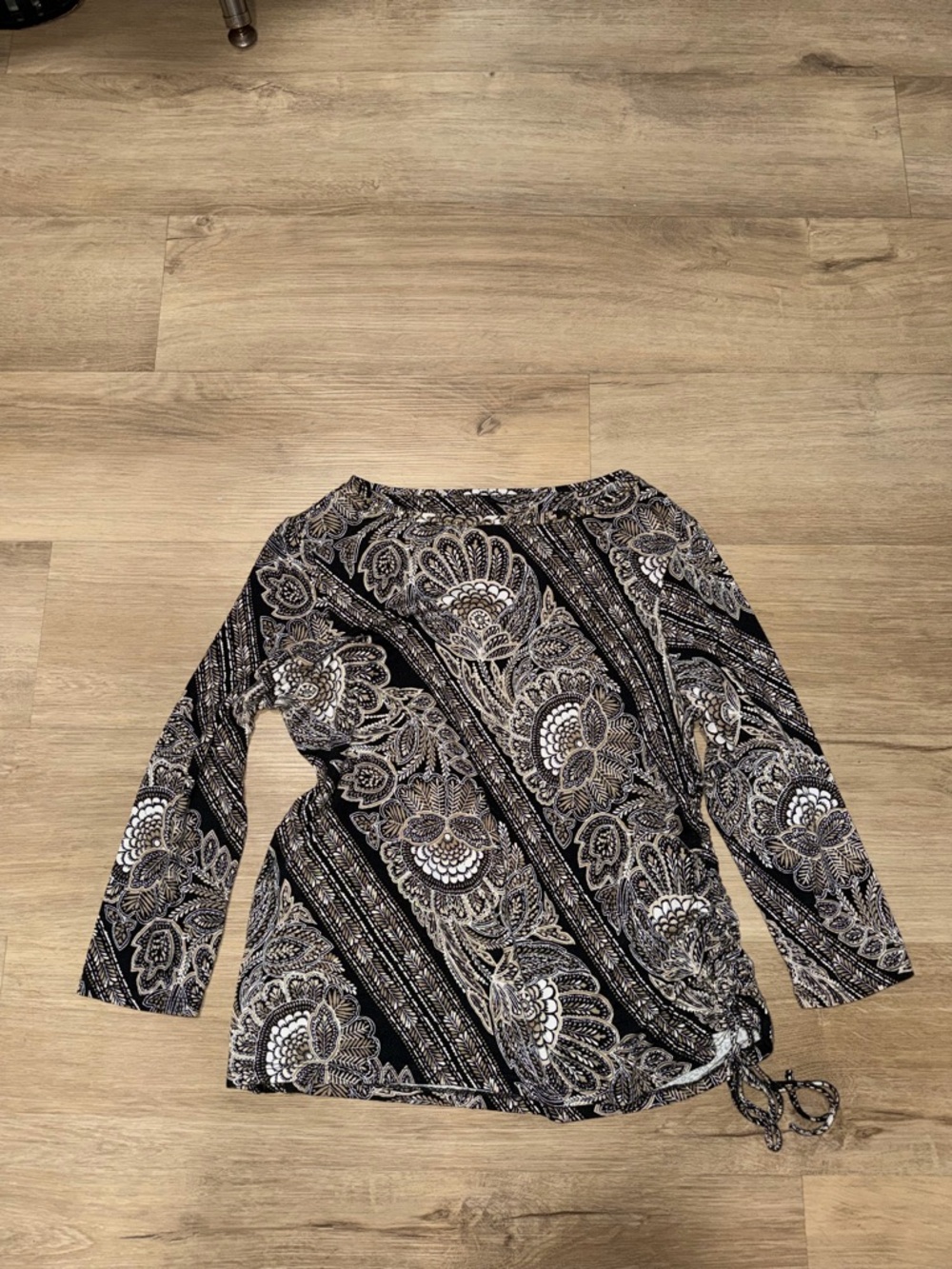 Ruby Rd. Black and White Paisley-Stripe Long Sleeve Top with Side Tie